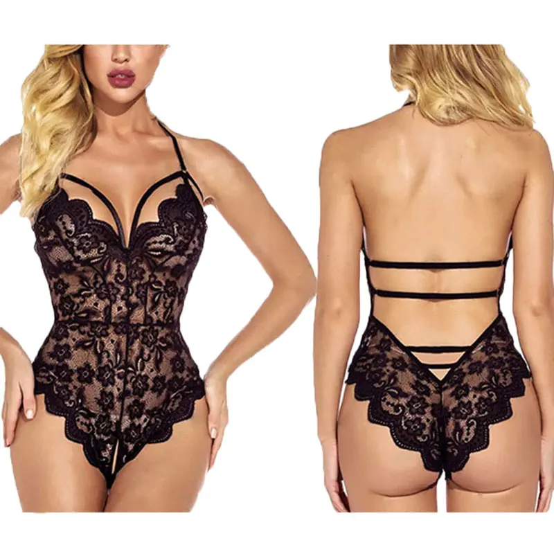 Women Deep V Sexy Lace Bodysuit Snap Crotch Lingerie Teddy Underwear