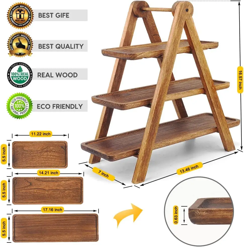 Wholesale Rectangle Wood 3 Tier Serving Tray Christmas Tier Tray Decor Three Tiered Tray