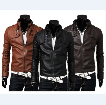 Korean style men's stand collar slim leather jacket fashion pu jacket men's short jacket