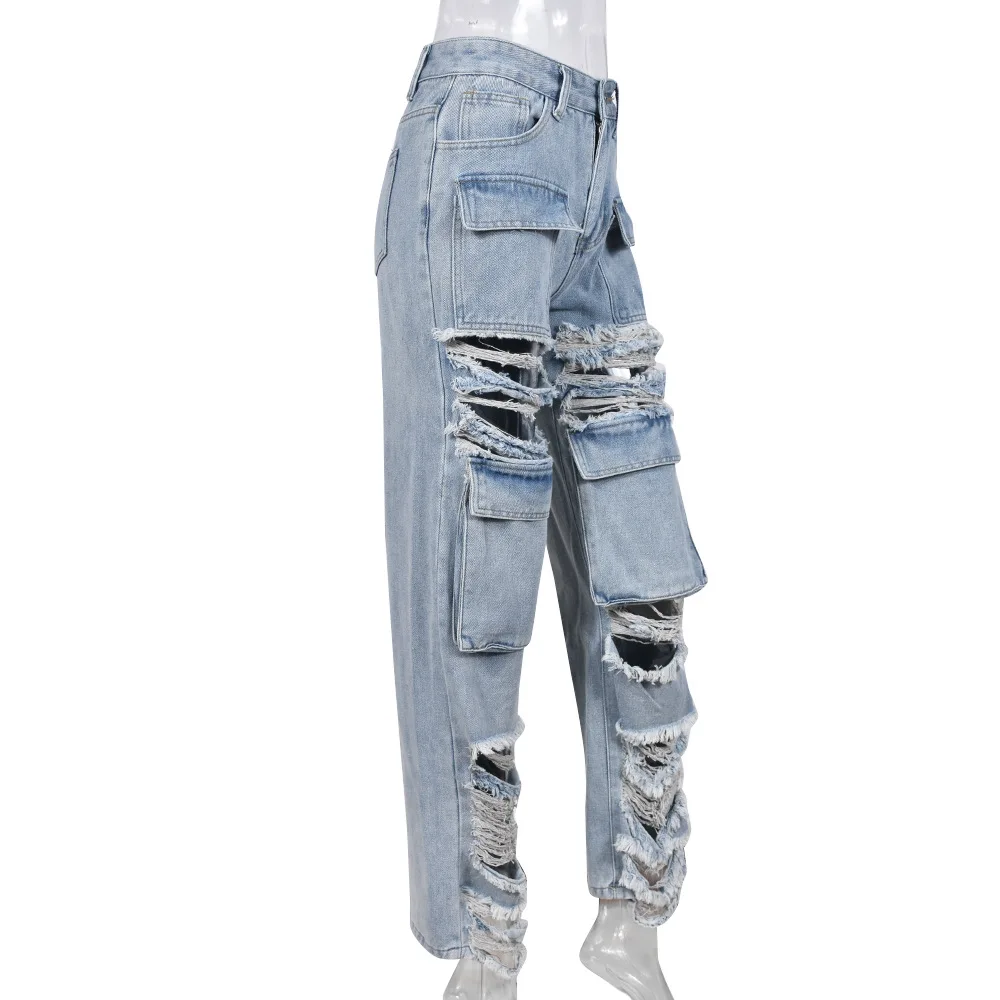 Fashion Pocket Stitching Hollowed-Out Hole Beggar Style Street Casual Straight High Waist Jeans manufacture