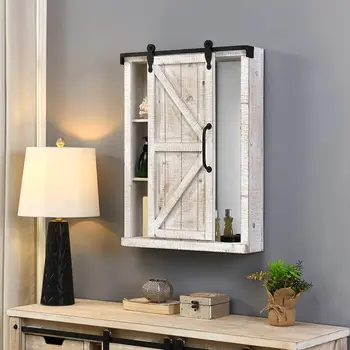 Farmhouse Barn Door Industrial Storage Vintage White Solid Wooden Furniture Antique Style living Room Cabinet With Mirror