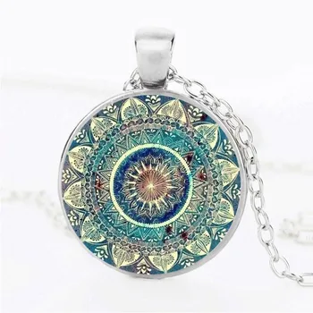 Vintage Glass Dome Necklace Buddhism Chakra Glass Cabochon Pendant Jewelry Om India Yoga Mandala Gem Necklaces