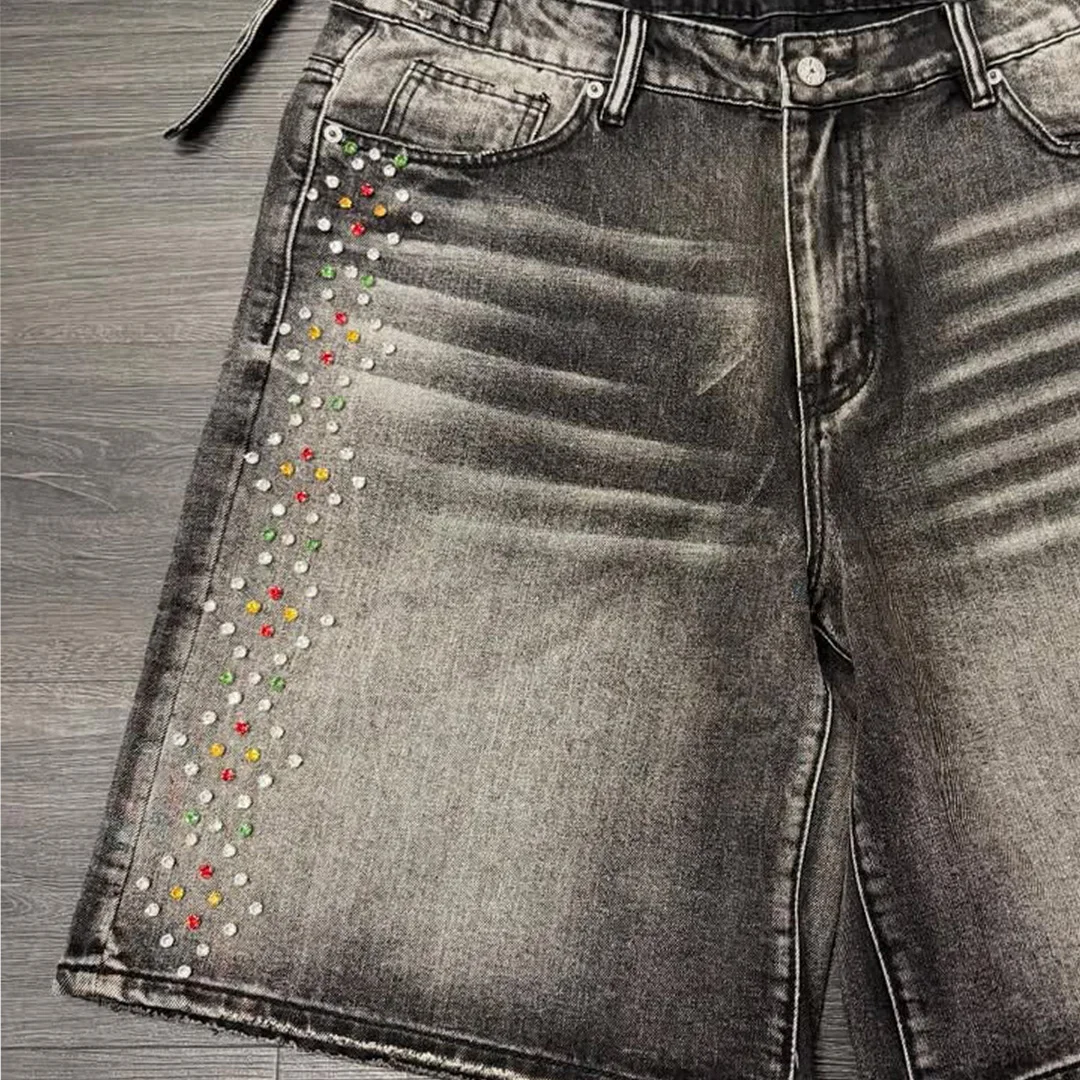 product high end custom street color rhinestone dtg digital print denim shorts hotfix rhinestone embroidery men retro washed shorts-3