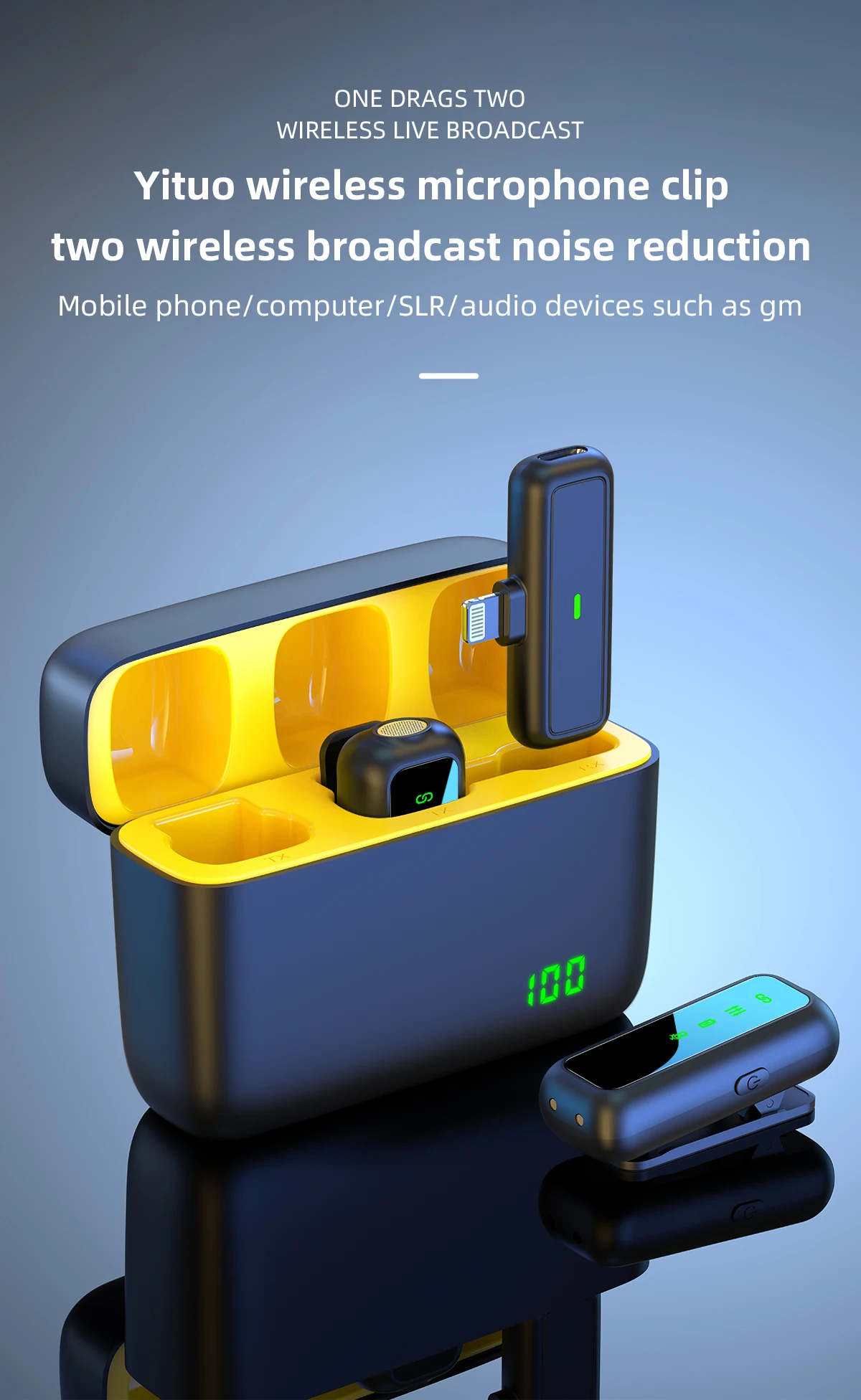 SX6 Lot de 2 microphones cravate sans fil pour iPhone et iPad avec étui de chargement et affichage numérique.