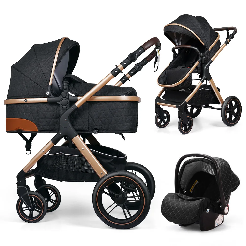 Coches Para Bebes. High Landscape 3-in-1 Combination Stroller Baby Pushchair Foldable Baby Stroller Pram 3 In 1 With Car Seat