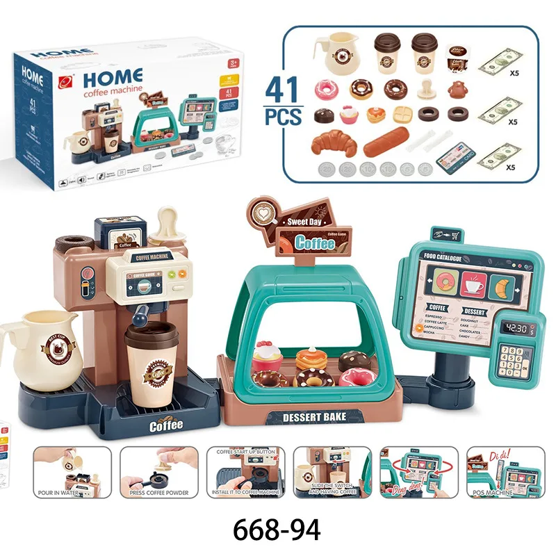 MB1 Kitchen Toys Simulation Food Bread Coffee Cake Pretend Play Shopping Cash Register Toys Coffee Machine Toy Set