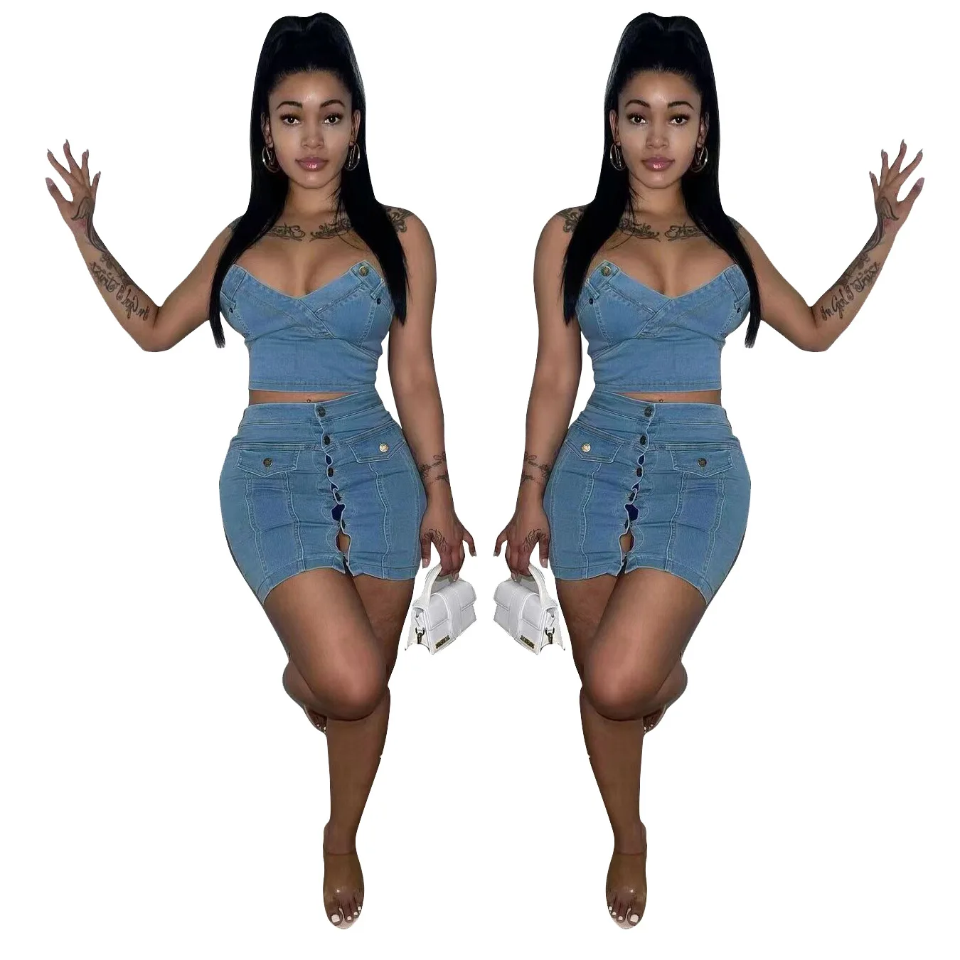 Latest Design Cotton Wash Denim Outfit for Women Sexy Strapless Crop Top High Waist Button Jean Mini Skirt 2 Piece Set details