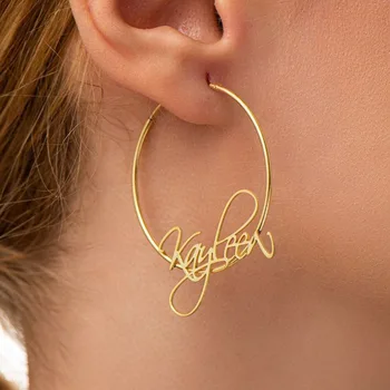 Stainless Steel Custom Name Hoop Earring Plate Silver Large Gold Plated Earrings Women Bulk Hoops Custom Word