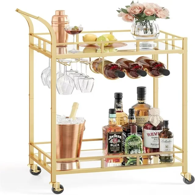 Kitchen 2 Tier Gold Bar cart Serving Shelves Wine Holders trolley Glass Mirrored hotel drinks carts