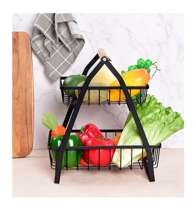 Household kitchen vegetable storage iron fruit tray Vegetable Container Holder Foldable double layer basket