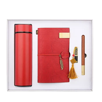 Corporate giveaways A6 notebook 16G pen drive wood pen vacuum flask gift set
