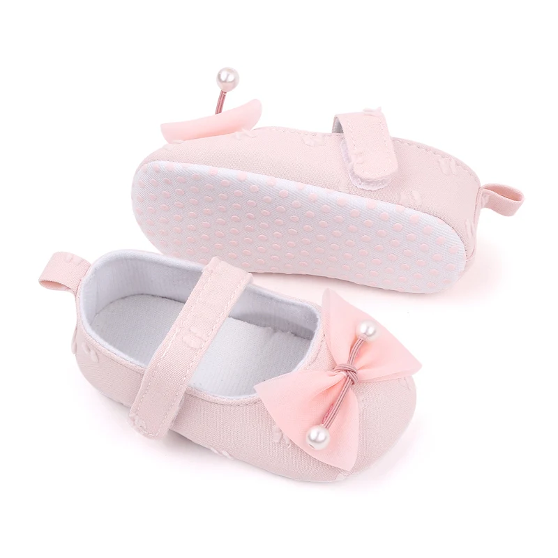 New Solid Color Pearl Yarn Bow Soft Soled Non-slip Princess Toddler Shoes for Baby Girls manufacture