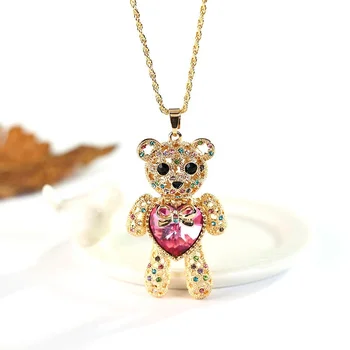 Gold Plated Jewelry 18k Fashion long Chain Crystal Love Heart Cz Bling Teddy Bear Necklace For Women