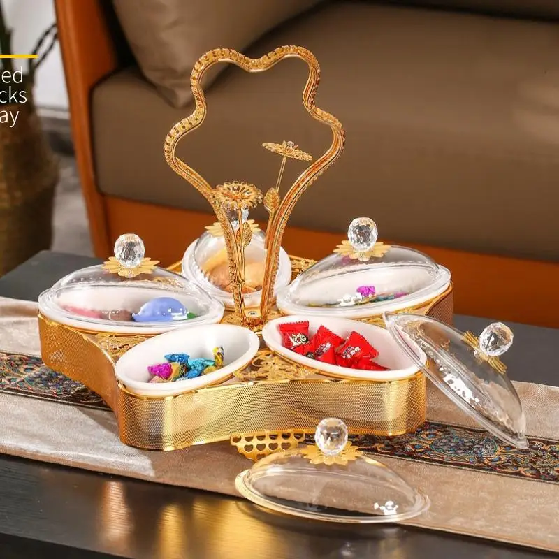 QIAN HU Luxury Golden Metal Snack Tray with Lid - Eco-Friendly