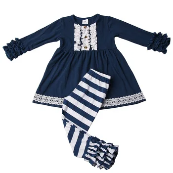 kid clothes wholesale cotton solid color dress and striped pants little girls boutique remake clothing