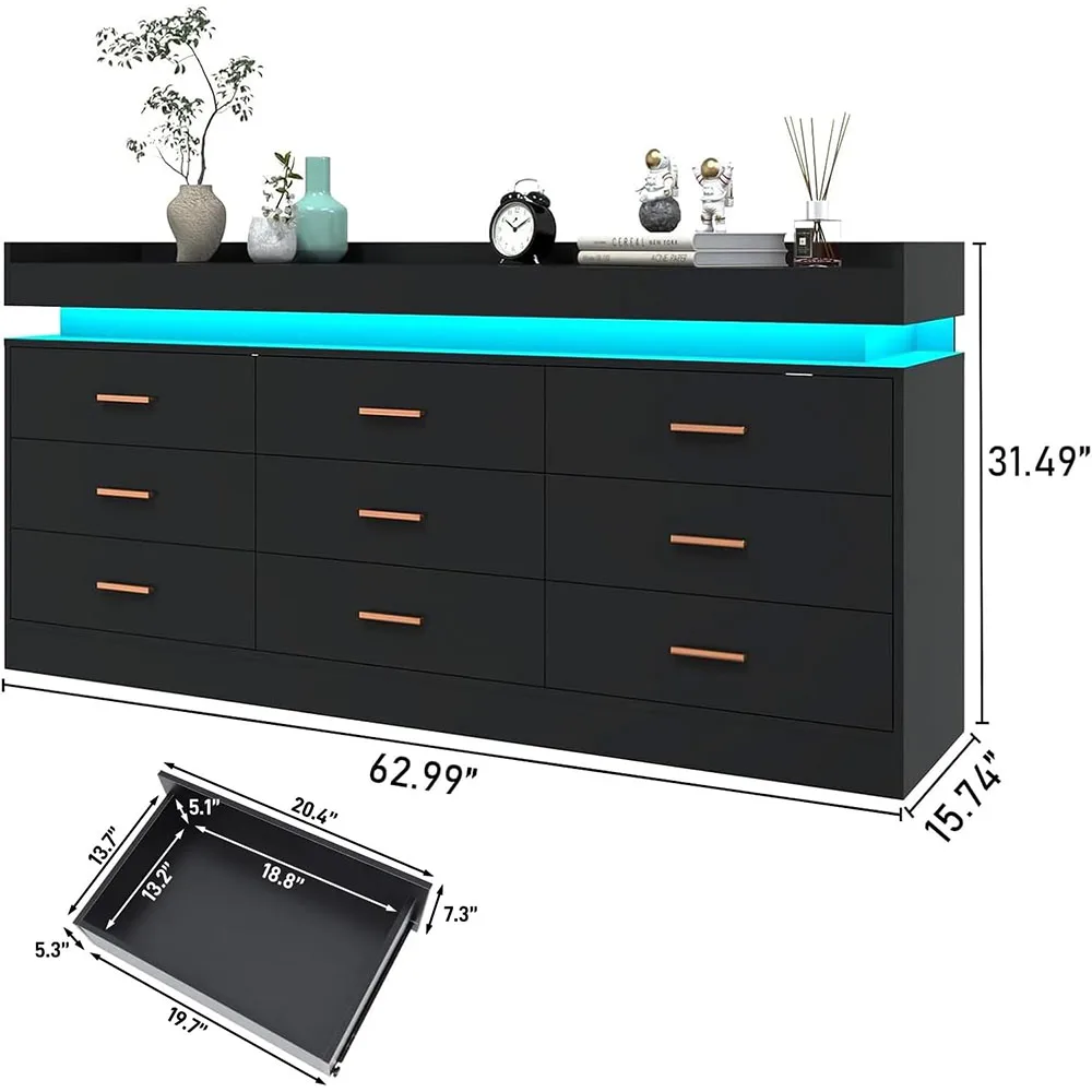 product 9 drawer modern wood dresser with led light charging station black bedroom living room storage cabinet-7