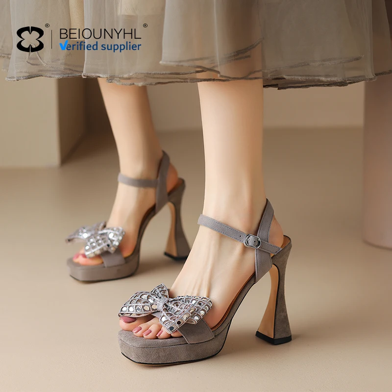 genuine leather In Stock Trendy Summer new Shoes Square Toe Ankle Strap Chunky High Heels Women Sandals With masonry Bowknot