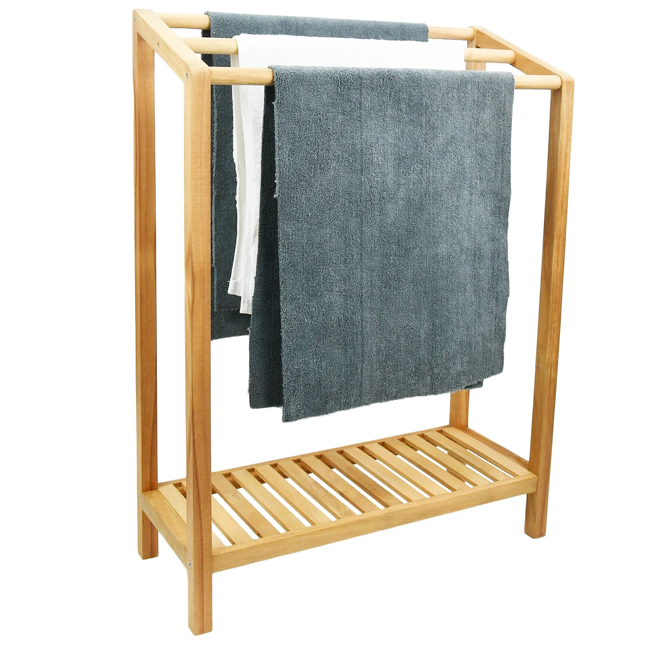 Bamboo 3 Tier Towel Rack for Bathroom, Free Standing Beach Towel with Storage Shelf Poolside Rack with Bottom Organizer for Bath