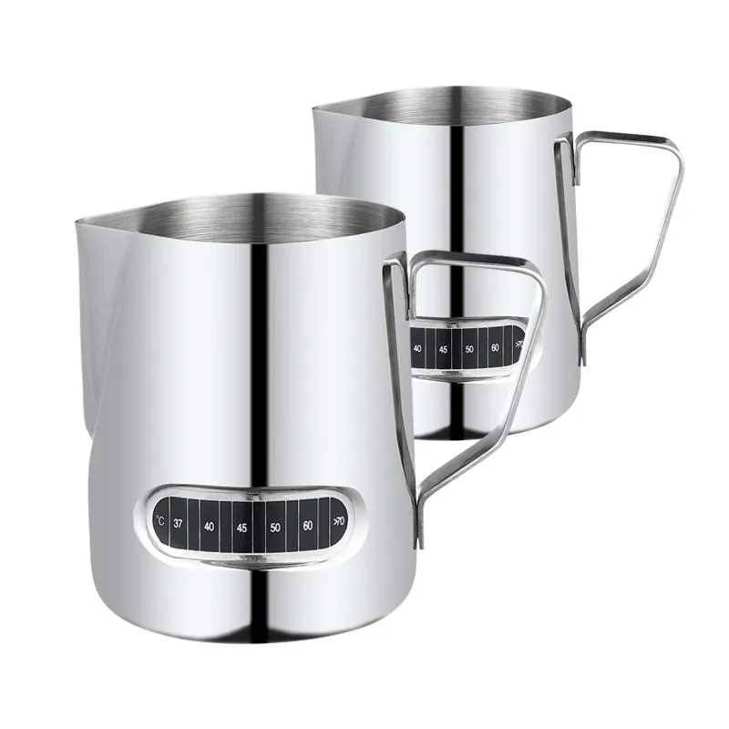 Wholesale 600ml 1000ml espresso steaming jug Custom stainless steel coffee milk frothing pitcher with thermometer