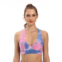 Hot Sale Tie Dye Seamless Bubble Yoga Top Sport Bra Fitness Sports Cross Back Sexy Push Up Strappy Bra For Women