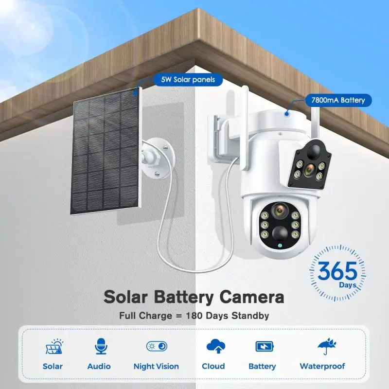 Icsee 4MP Wireless Solar Camera Dual lens WiFi PTZ Camera Outdoor Built-in 7800mAh Battery Auto Tracking Dual Lens Solar Camera