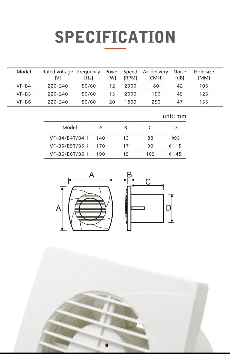 Angega B-456inch Exhaust Fan, B-4"5"6"inch, Plastic, Wall - detail 6