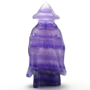Hand Carved Natural Indigo Fluorite Quartz Crystal Magicians Crystal Wizard Merlin Statue
