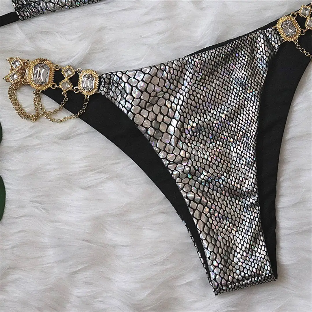 Sino Trend Snake Skin Halter Bikini Set Women Shiny Diamand