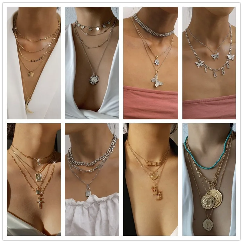 women's gold pendant necklaces,creative lady multilayer charm necklaces