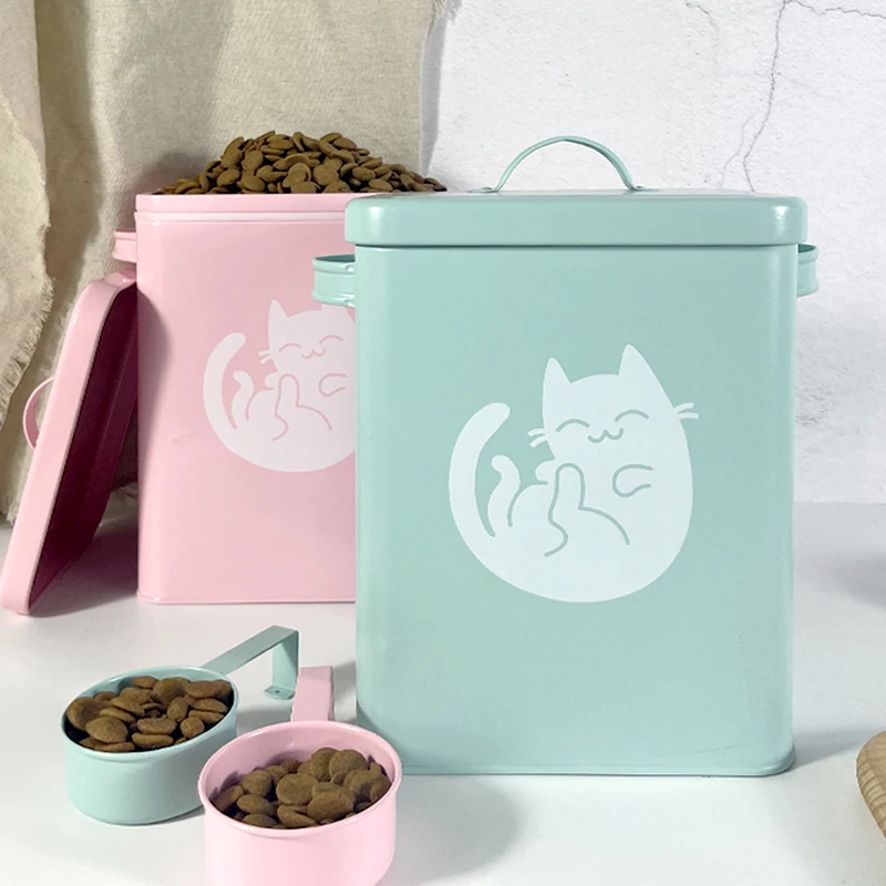 Airtight Dog Treat Storage Tin with Scoop High Quality Galvanized Iron Metal Food Packaging Rectangle Stocked Pet Food Container