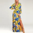 Sleeve OEM Long Sleeve 100% Polyester V Neck Elegant Vibrant Floral Print Red And Yellow Full Printing Maxi Dress