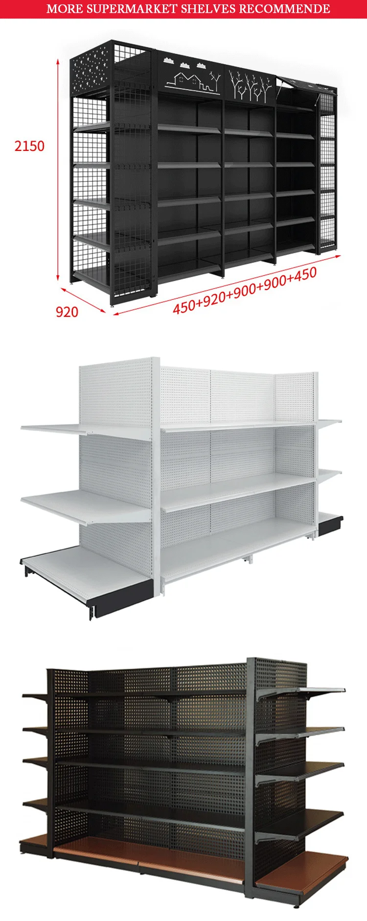 5 Shelves Supermarket Shelving Gondola Display Shelving with 6 Shelves and 4 Shelves Options