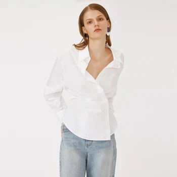 women fashion casual shirt plain solid loose top elegant v neck irregular long sleeve white blouse