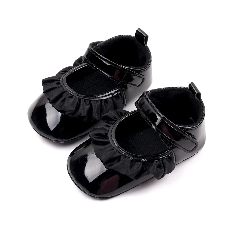 Fashion Lace Princess Shoes Solid Color Baby Girls PU Leather Bright Face Soft Soled Shoes details
