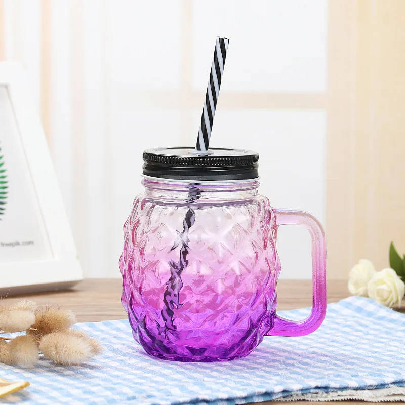 500ml 16oz Pineapple Shaped Glass Drinking Jar Mason Cups With Straw Glass Mason Jar With Handle