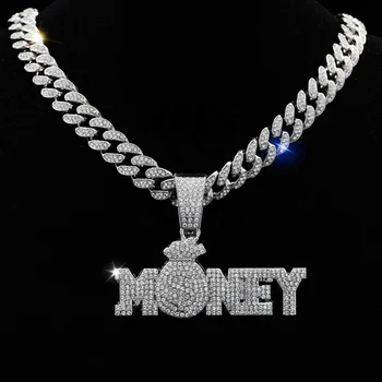 Fashion Necklaces 2024 Hip Hop Jewellery Rhinestone Cuban Link Chain Necklace Crystal Bag Dollar Money Pendant for Unisex