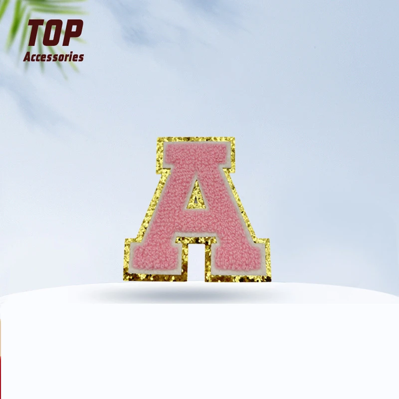 Sequin Edges Chenille Patches Handmade Embroidery Iron Fabric Cotton PVC on Manufacturers Stock Pink Letters A-Z 8cm with Gold