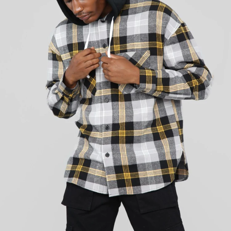 French Terry Hoodie Men Plaid Shirt 