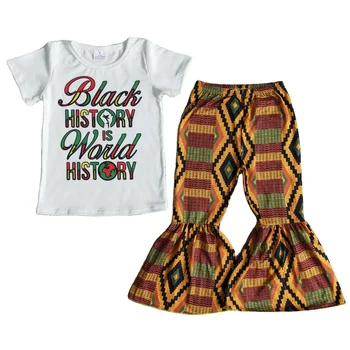 Wholesale Fashion Spring Kids Clothes Set Baby Toddler Girl Black History Is Would History Outfit White Top Children Bells Pants