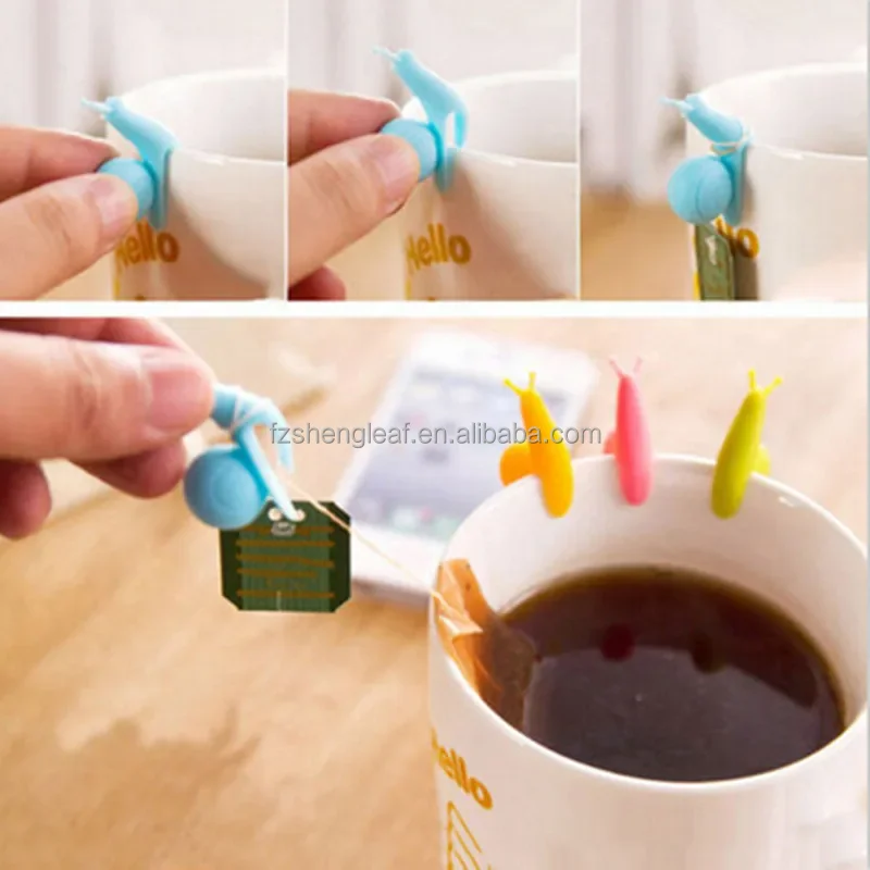 product food grade bpa free heat resistant multi function snail shape silicone cartoon drink markers tea bag spoon clips holders-6