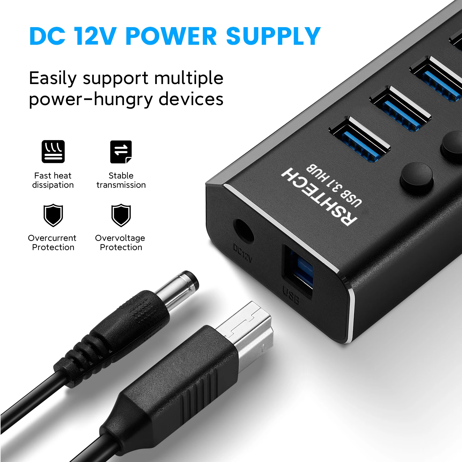 Rshtech Gbps Aluminium Usb Hub Splitter V A Power Adapter Usb C