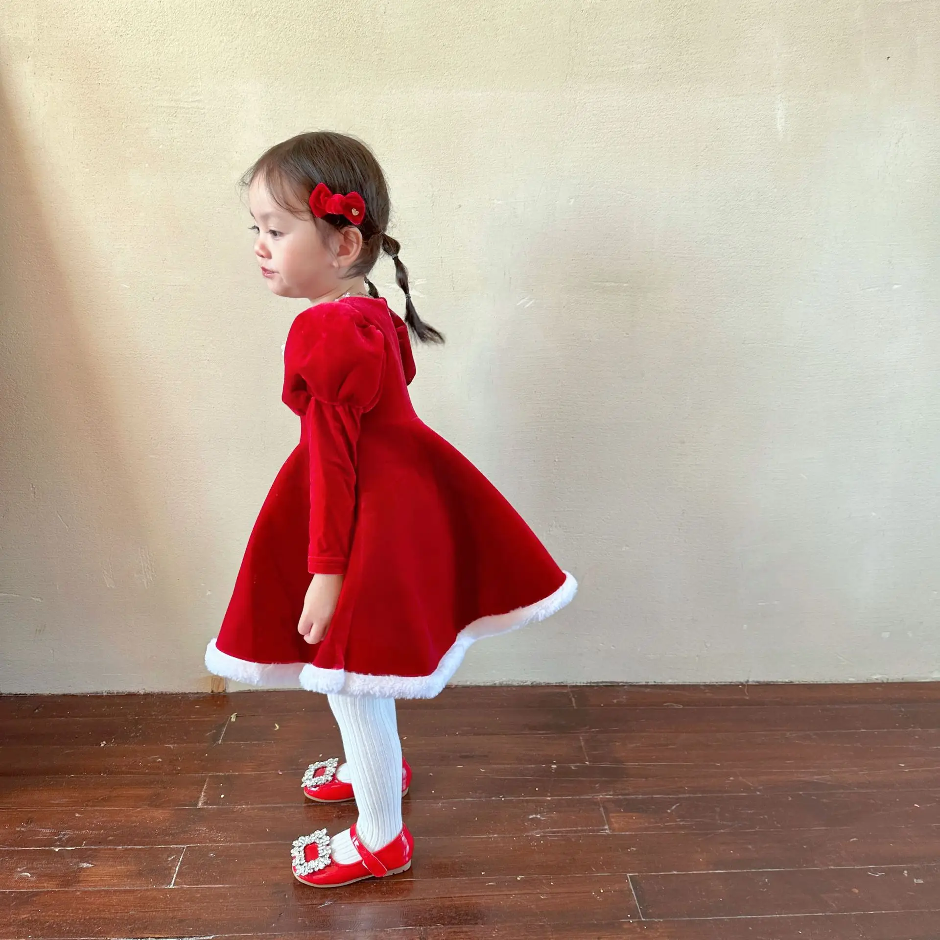 Girls' Red puffed sleeve dress Christmas New Year Girls' Dress Princess dress Birthday dress Children