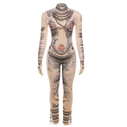 Sexy Mesh See Through Printed TightJumpsuit For Women Graphic Sheath Romper Transparent Club Outfit
