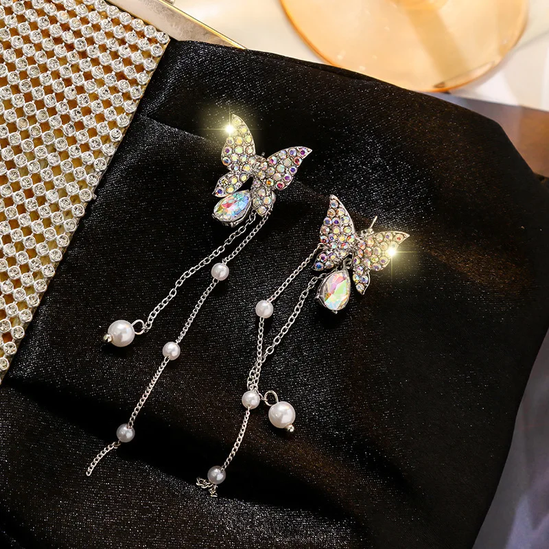 Fashion 925 Silver Needle Earrings Glass Beautiful Butterfly Earrings Full Diamond Long Pearl Tassel Stud Earrings