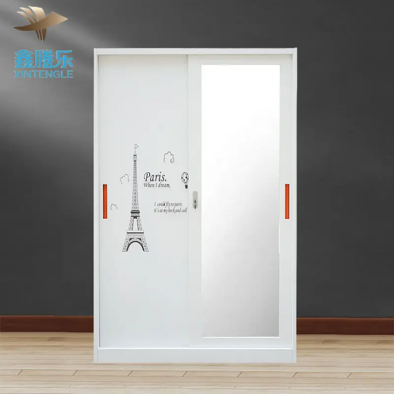 Guangdong Factory Metal Double-Door Printed Closet Steel Bedroom Cabinet with Drawers Mirror Furniture Use Wardrobes Collection