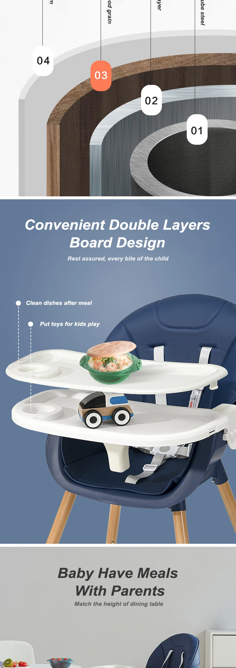 Wholesale Booster Modern Stool Portable Folding Infant Swivel for Children Plastic Kids High Feeding 3 in 1 Baby Dinning Chair details