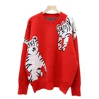 Lucky Tiger Knit Red Woman Sweater Crewneck Natal Year Chinese New Year