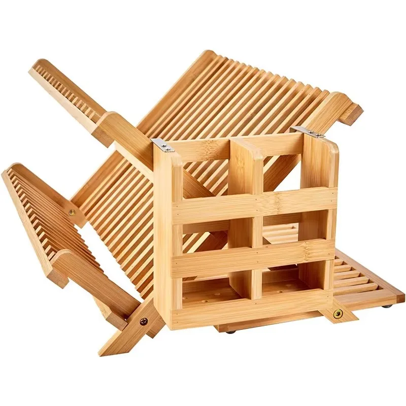 product custom bamboo collapsible dish drying rack with utensil holder foldable kitchen dish drainers for plates cups cutlery-2