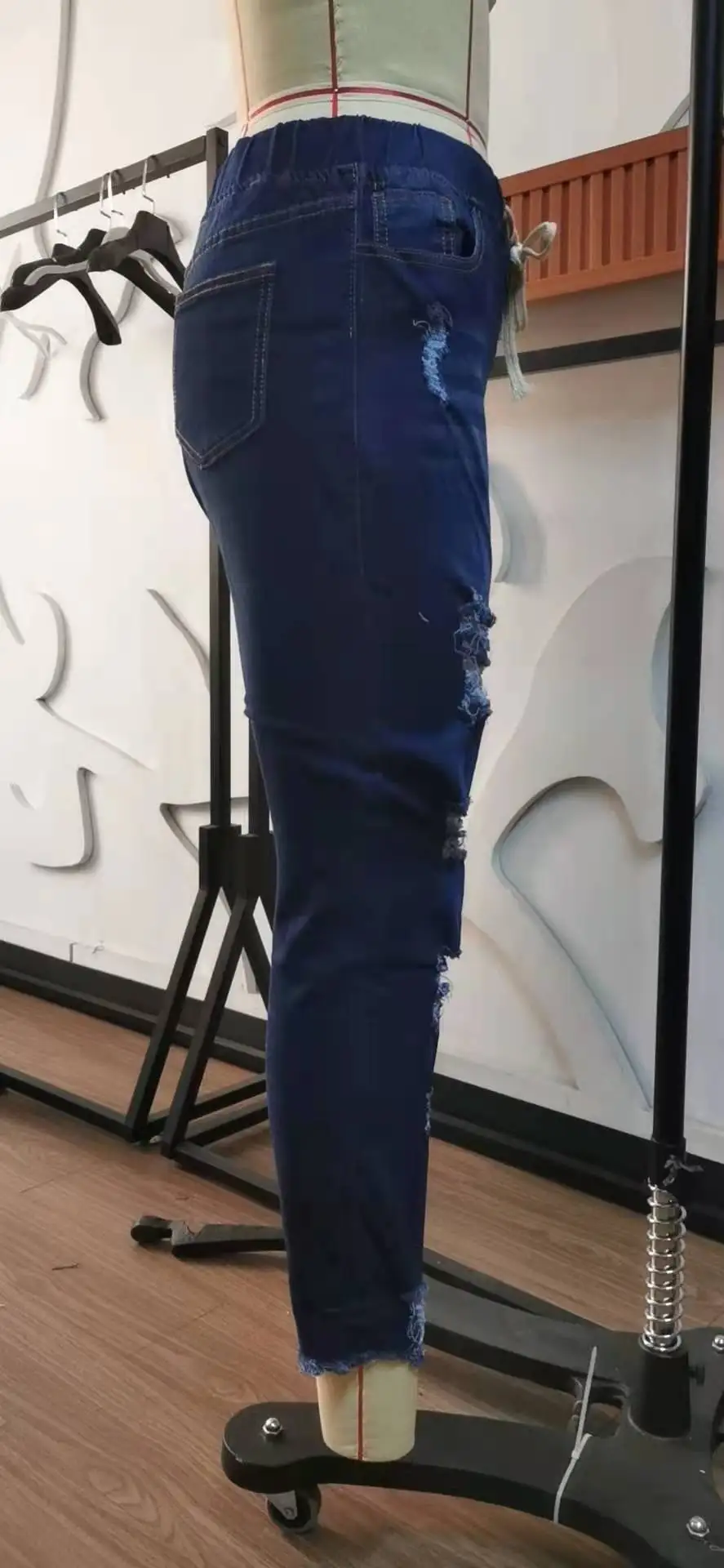 New Arrivals Plus Size Mid Waist Casual Washed Skinny Blue Denim Pencil Pants Ripped Distressed Women's Jeans details