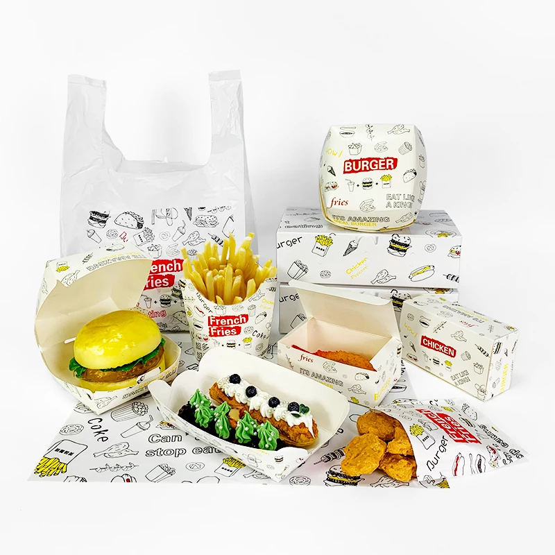 Custom disposable whole set fast food take away package burger box greaseproof paper package fried chicken packaging